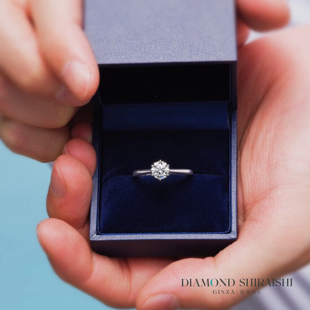 Diamond engagement ring in a gift box.